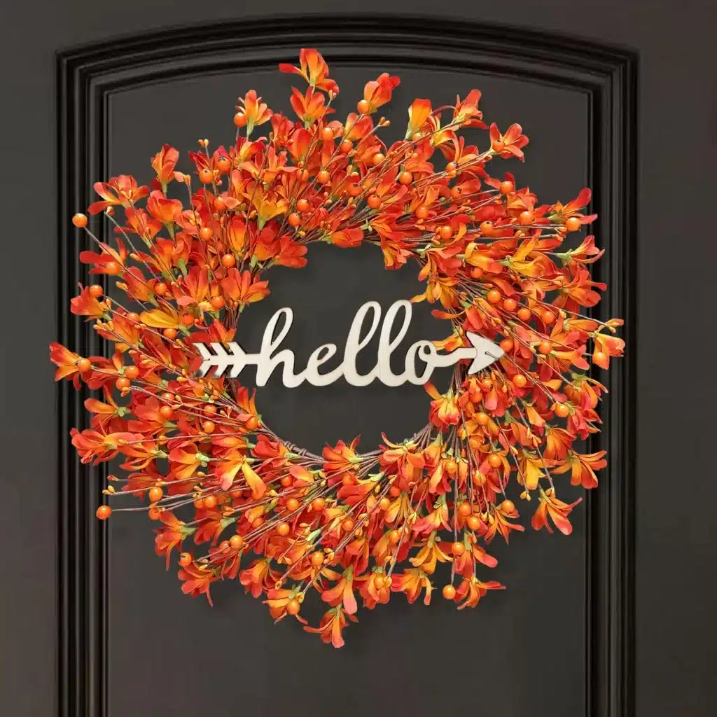 This is one of the more unique fall door wreaths and I love the pop of color. 