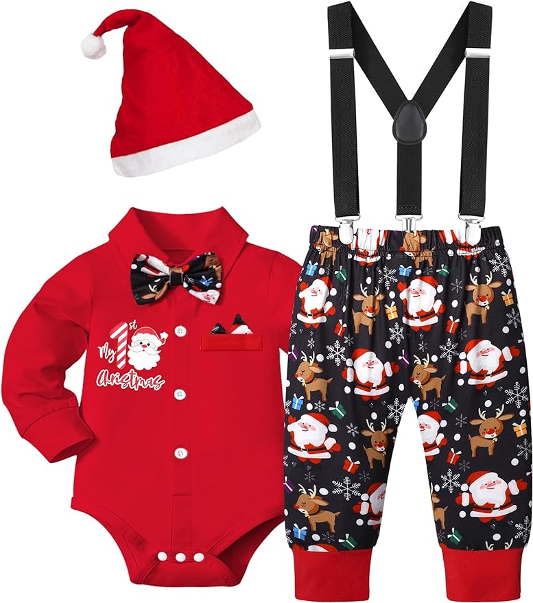 Infant Boys Christmas Outfit with matching bow and hat. Perfect for family gathering.