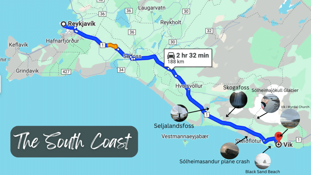 A map of the South Coast in Iceland with the highlights of the major attractions along the way. While touring outside of Reykjavik, places like Selfoss often sell Icelandic hot dogs for a quick meal.