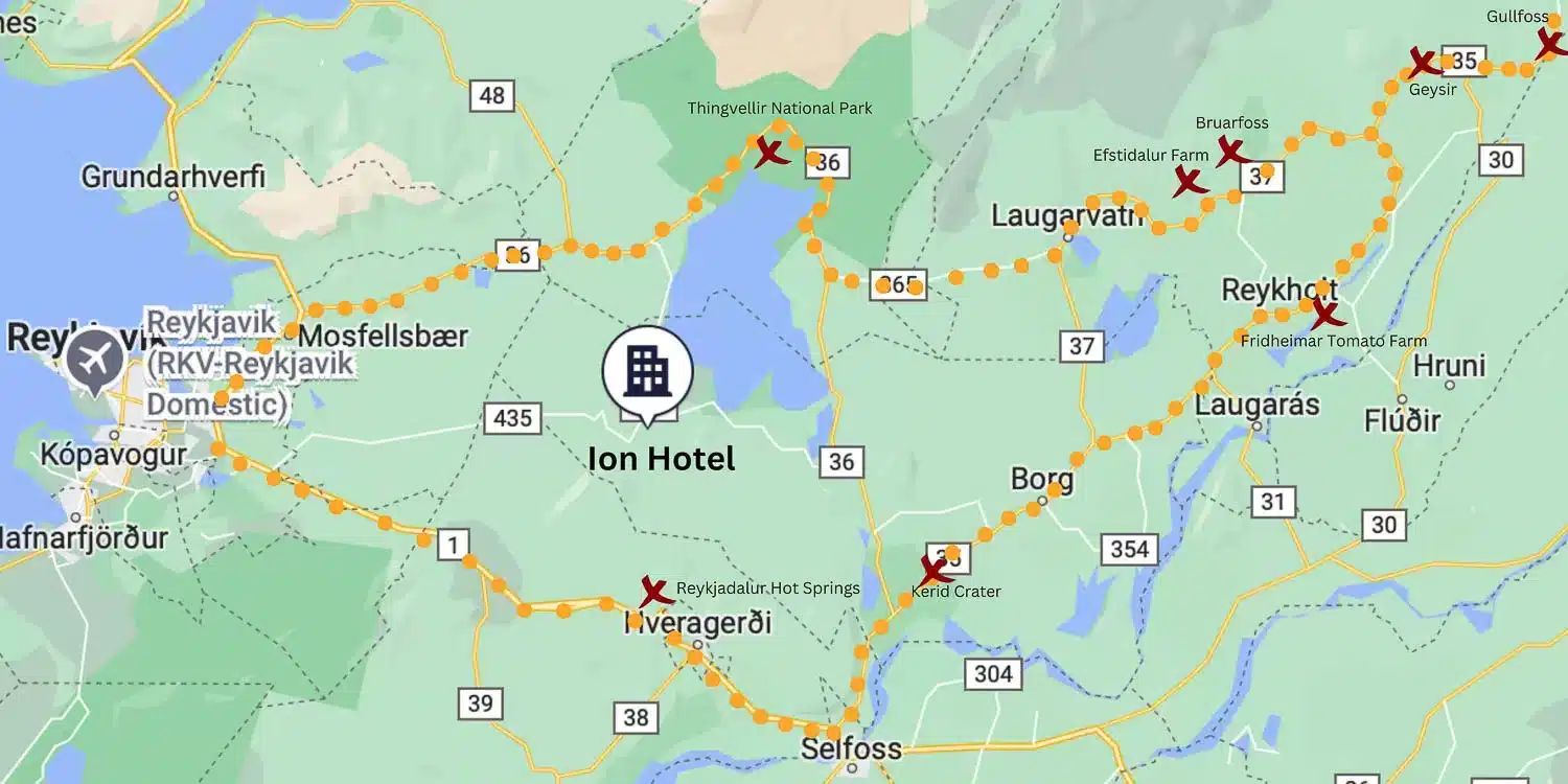 Map of the Golden Circle showing where Ion Adventure is located.