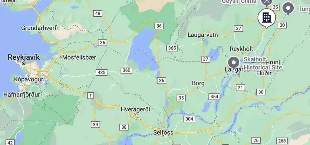 A map that shows Torfus Retreat in comparison to the Golden Circle and Reykjavik. 