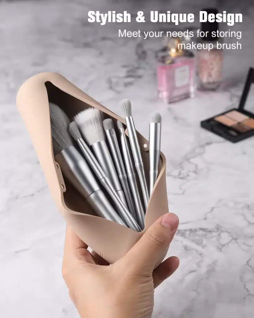 A makeup brush holder is a great travel essential to have on your packing list.