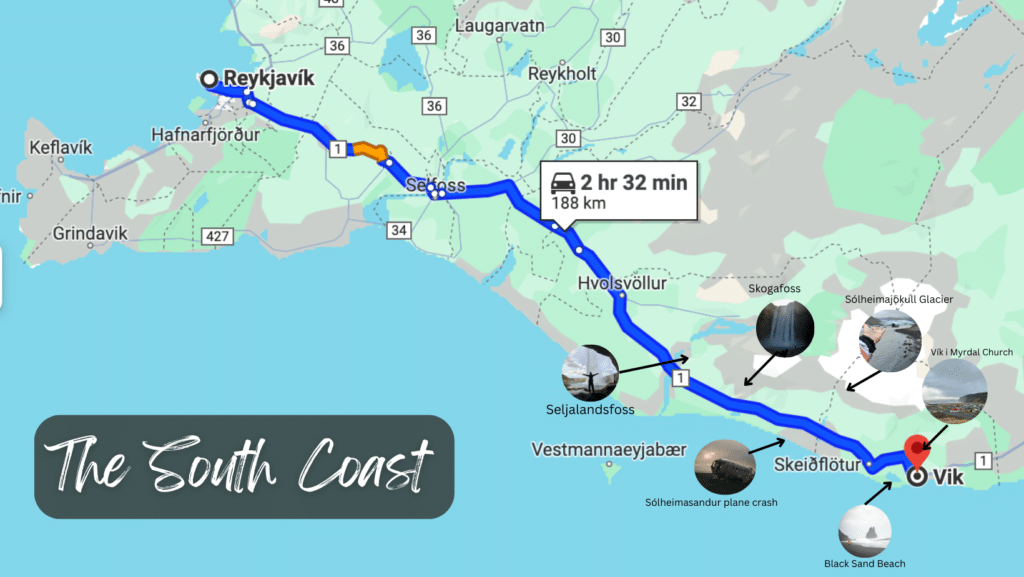 A map of the South Coast in Iceland with highlighted stops along the route.