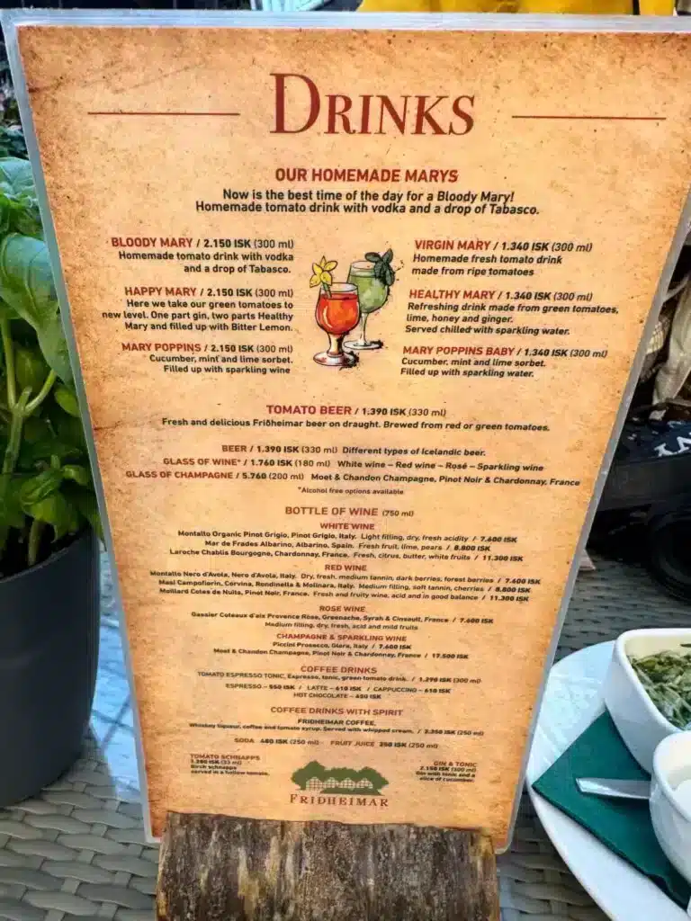 A drink menu if you're looking for a unique dining experience along the Golden Circle. 