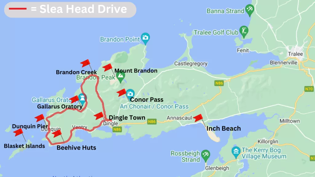 A map of attractions of the Dingle Peninsula with marked sights for your Ireland road trip guide. 