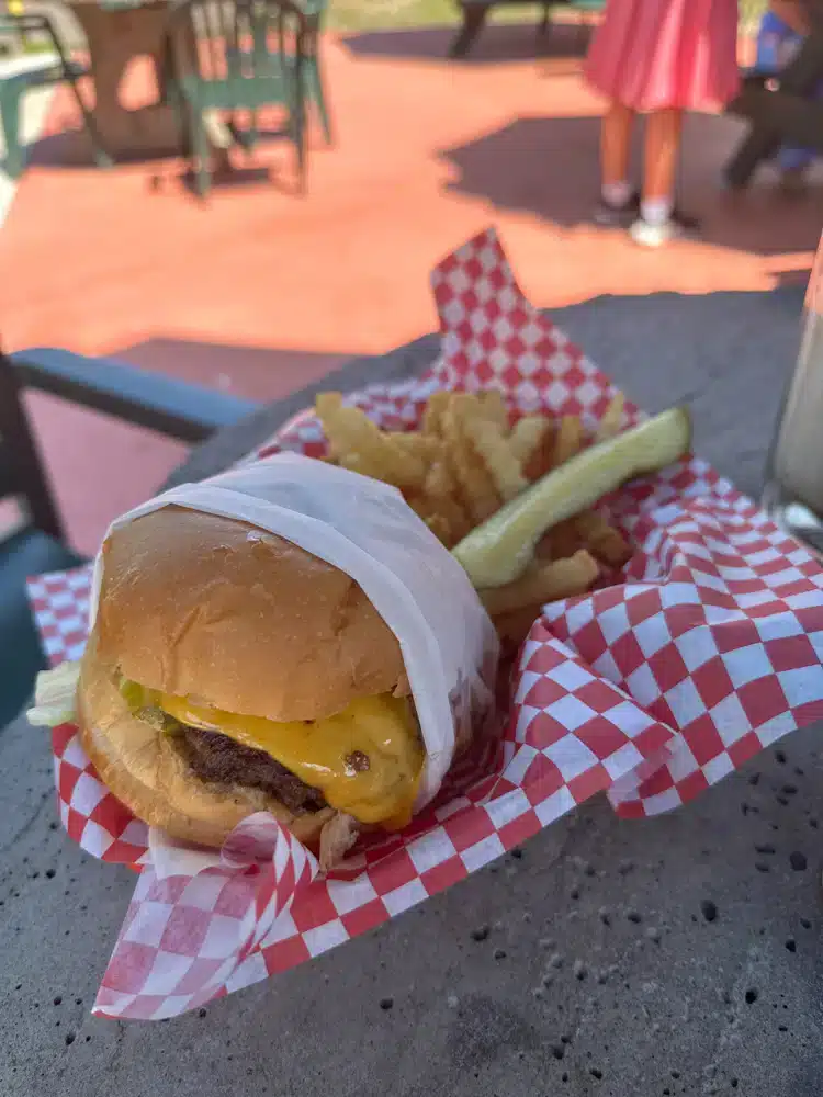 A bacon cheeseburger, one the the best in Taylors Falls MN restaurants, a classic for this American diner. 