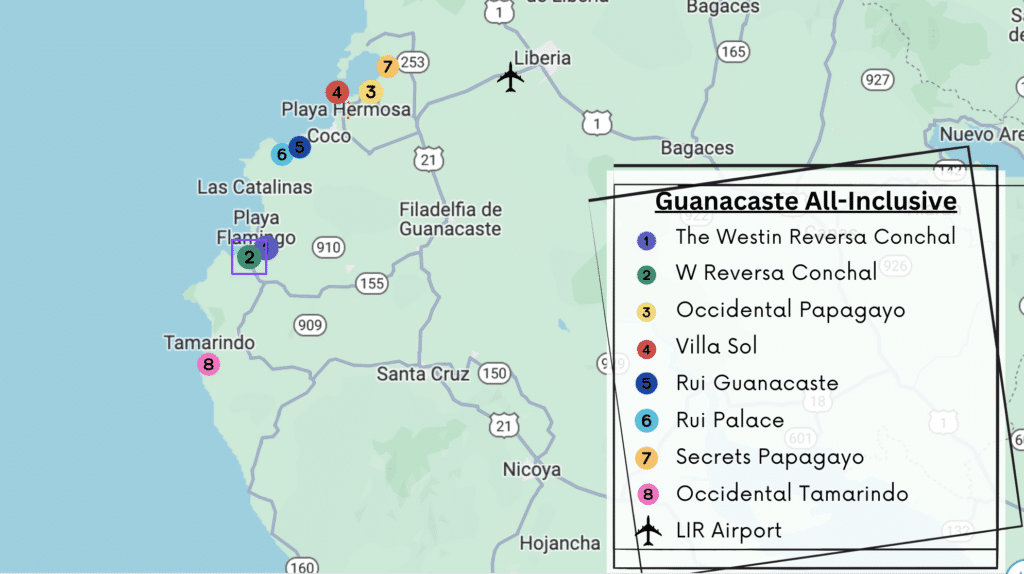 Map of all-inclusive resorts in Guanacaste Costa Rica.