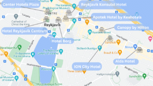 A map of the city center hotels in Reykjavik.