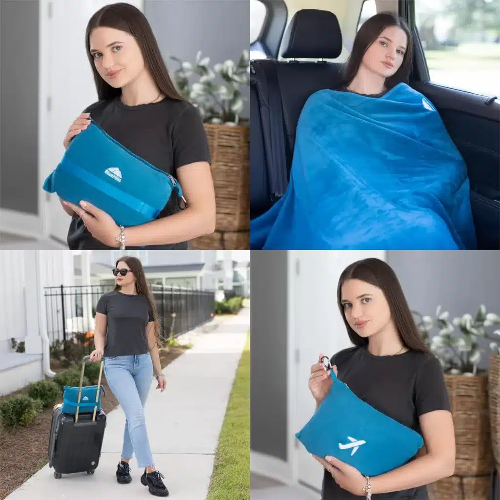 This travel blanket fits nicely on your luggage and makes a unique gift for your traveling loved one. 