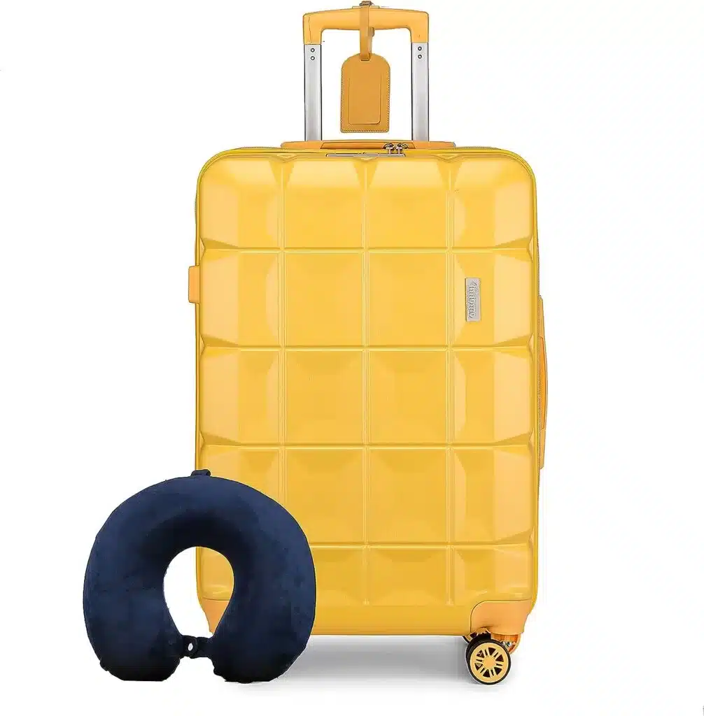 A yellow suitcase is a standout present for a traveler. 