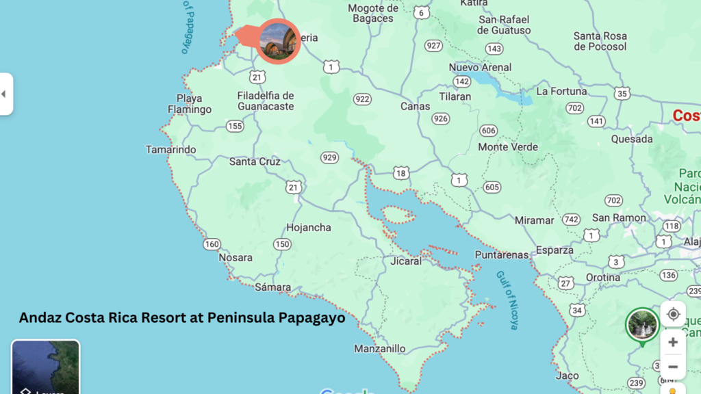 A map showing where Andaz, one of the best beach boutique hotels, is located in the Guanacaste region of Costa Rica.