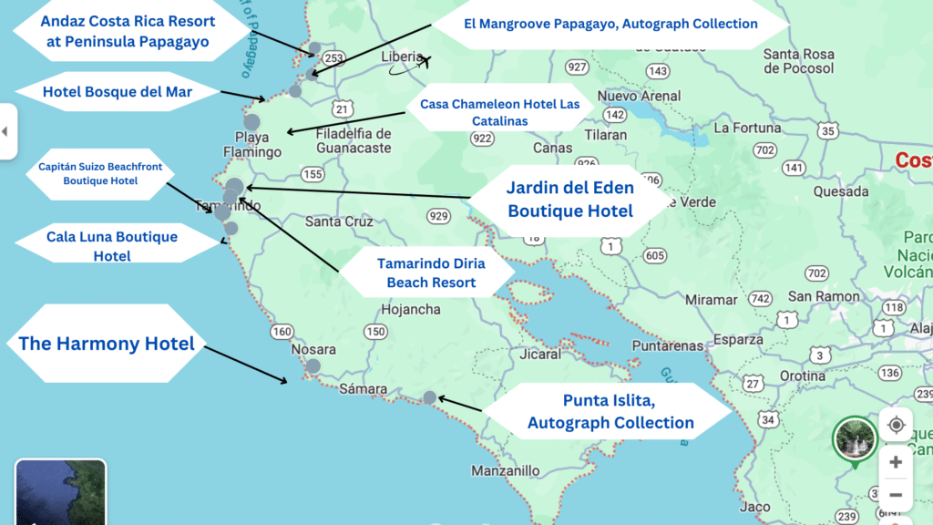 A map outlining the best boutique hotels in Guanacaste, Costa Rica are located, which are all 5-star and close to the beach.