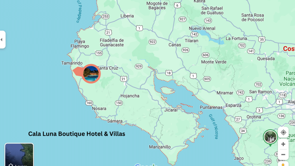 A map showing where Cala Luna, one of the best beach boutique hotels, is located in the Guanacaste region of Costa Rica.