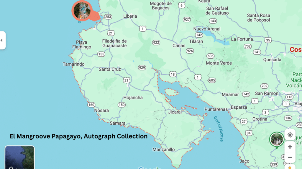 A map showing where El Mangroove, one of the best beach boutique hotels, is located in the Guanacaste region of Costa Rica.