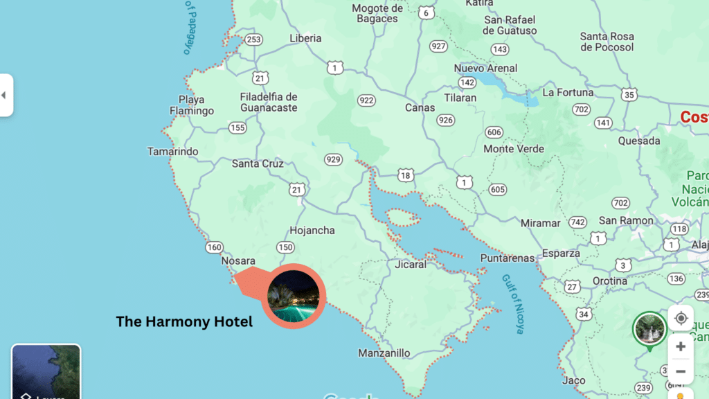 A map showing where The Harmony Hotel, one of the best beach boutique hotels, is located in the Guanacaste region of Costa Rica.