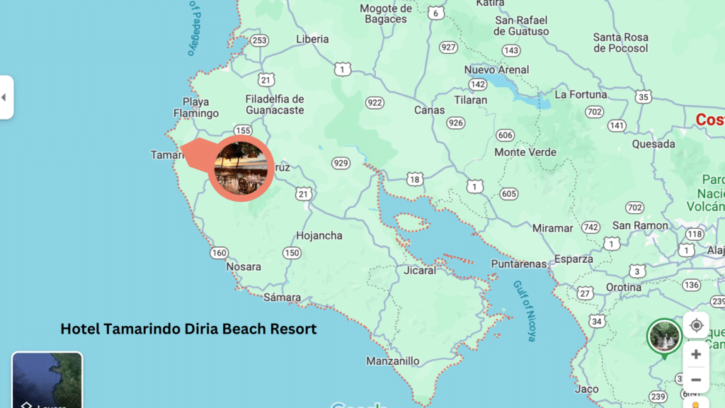 A map showing where Tamarindo Diria, one of the best beach boutique hotels, is located in the Guanacaste region of Costa Rica.