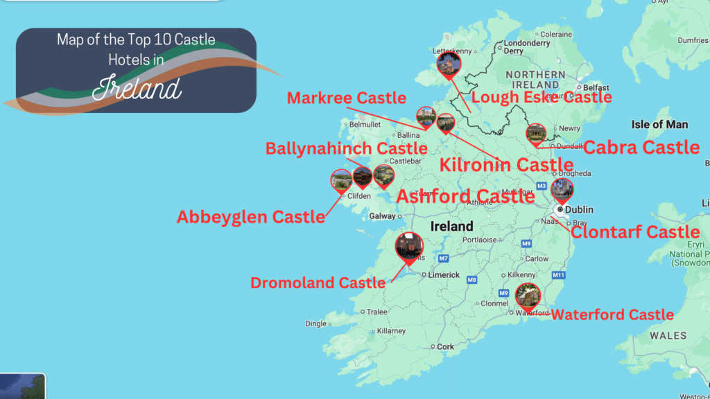 A map of the top 10 castle hotels in Ireland.