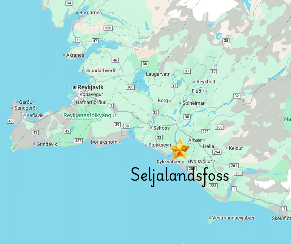 A map of Seljalandsfoss on the south coast of Iceland.