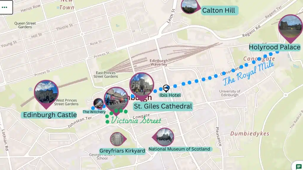 A map of Edinburgh attractions and where they're located in relation to the Royal Mile, including some places you can visit for free. 