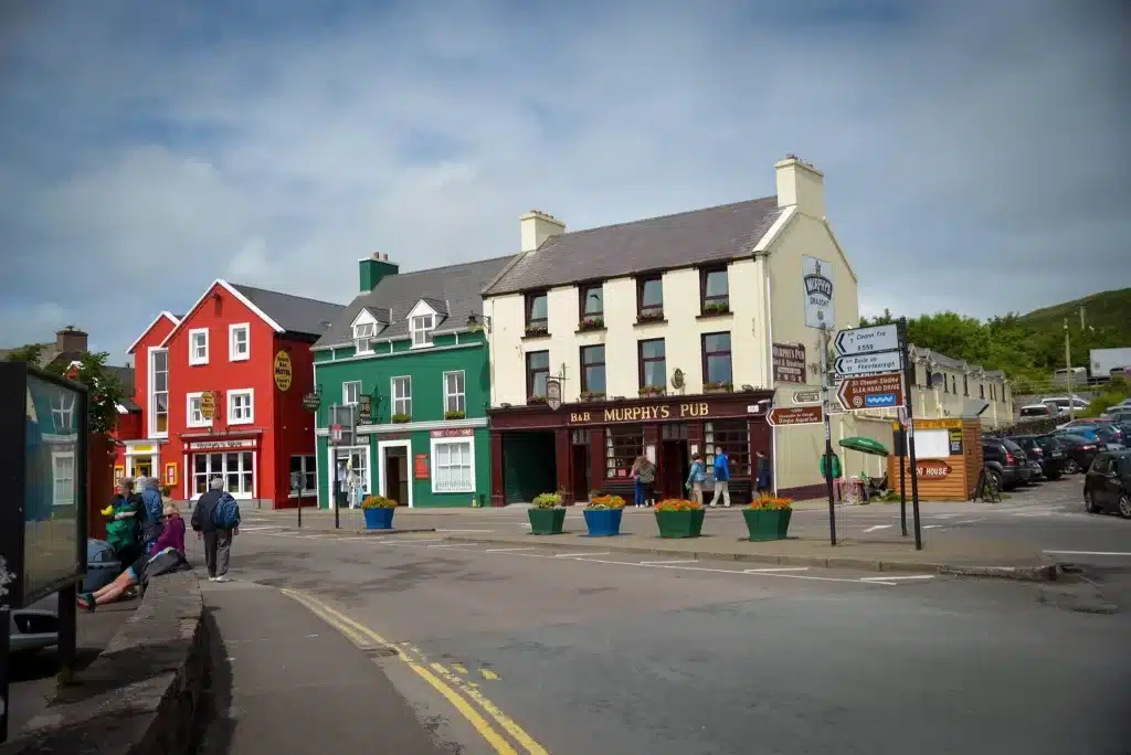 Dingle is a town with cute colorful buildings. 