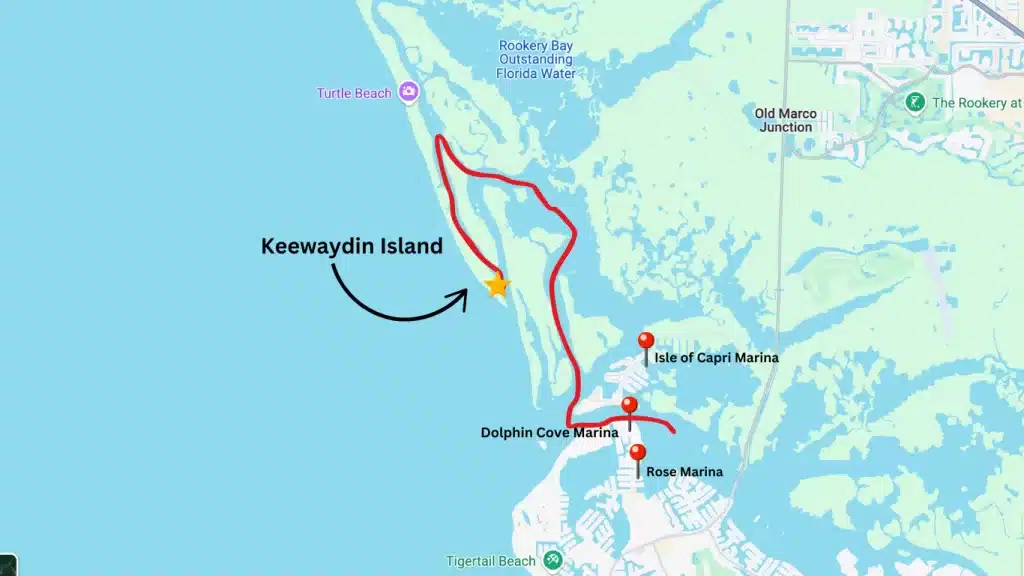 Here is a map of the rout we took, if you're looking for a map of how to get to Keewaydin Island from Marco Island. 